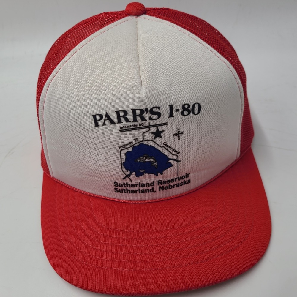 Vintage Trucker Hat Snapback Mesh Red Parrs I-80 Sutherland Nebraska Reservoir